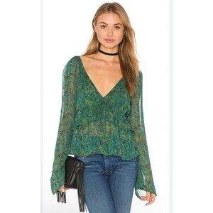 FREE PEOPLE XS/TP Uptown Green Floral Bell Sleeve Top Boho Folk See Descr.